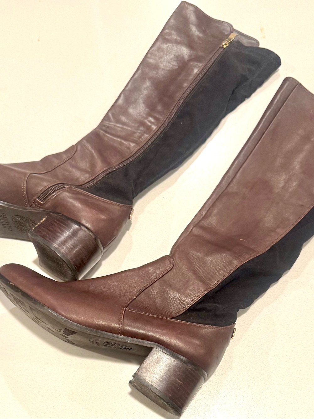 Vince Camuto Brown Leather Over-the-Knee Boots with Black Stretch Panel